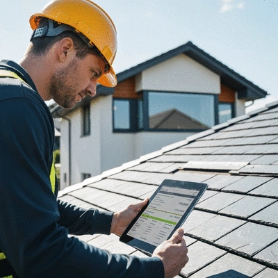 Professional roofer inspecting a roof with a tablet, showing a detailed estimate, no text, no words