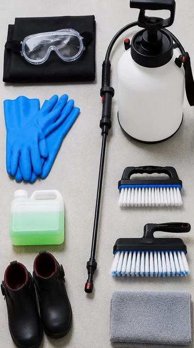 Roof cleaning tools and protective gear laid out on a clean surface