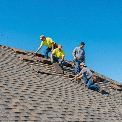 Professional roofers working on a residential roof, installing new tiles and ensuring weather protection