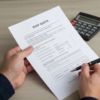 Gros plan sur des mains tenant un devis détaillé pour des travaux de toiture, avec un stylo et une calculatrice en arrière-plan, mettant en évidence la transparence et la planification budgétaire, no text, no words, no typography, clean image