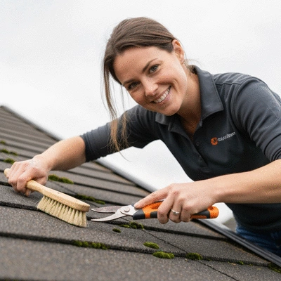 Professional inspecting a roof for moss and damage