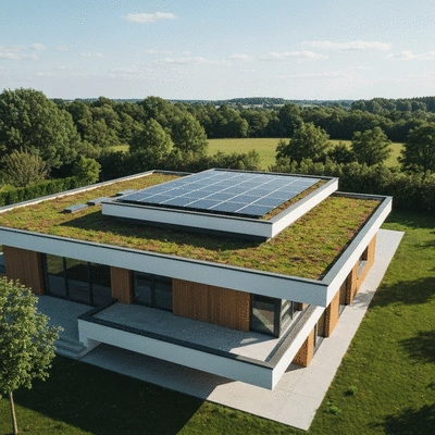 Modern house with a green roof and solar panels, sunny day