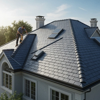 Un professionnel inspectant une toiture avec un équipement de sécurité, vue d'ensemble d'une maison avec un toit propre et bien entretenu