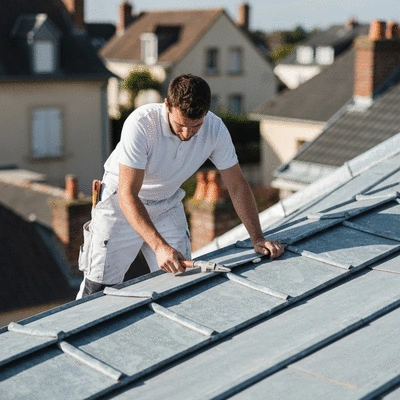 Professional roofer inspecting and repairing zinc roofing elements on a residential house, emphasizing quality and expertise