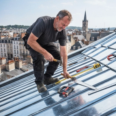 Professional roofer inspecting a zinc roof with tools, Angoulême