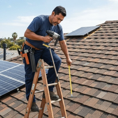 Professional roofer inspecting a residential rooftop with a ladder and tools, showing diligent work, no text, no words, no typography, 8K