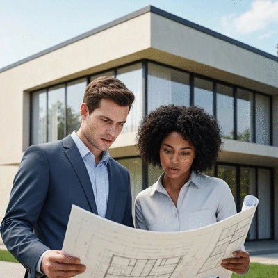 Architect reviewing blueprints with a homeowner, discussing roofing options