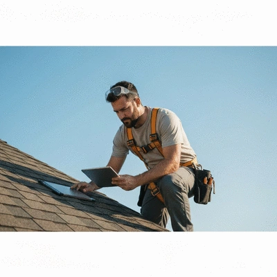 Professional roofer inspecting a residential roof with a tablet, showing attention to detail and safety equipment, bright sunny day