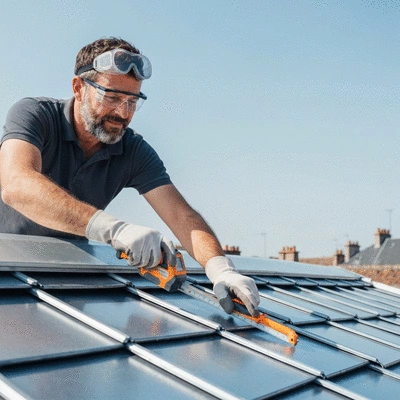 Professional roofer-zinc worker inspecting a clean, newly installed roof in Angoulême, with modern tools and safety gear. Sunny day, clear sky.