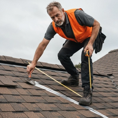 Professional roofer inspecting a roof with tools, ensuring quality insulation and waterproofing, no text, no words, no typography, clean image