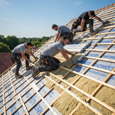 Professional roofers installing insulation and waterproofing on a residential roof in Angoulême