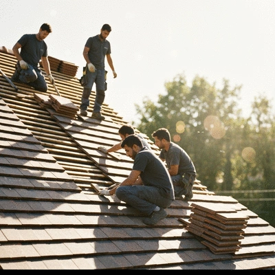 Vue d'une toiture de maison &agrave; Angoul&ecirc;me, avec une entreprise de couverture intervenant pour une r&eacute;paration, mettant en &eacute;vidence la qualit&eacute; du travail