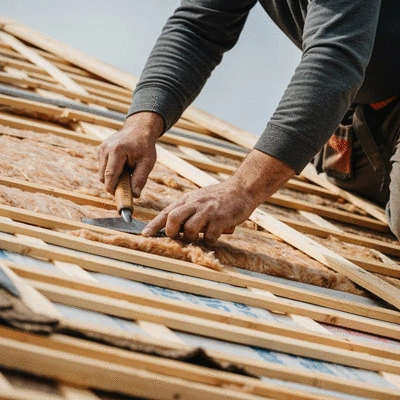 Close-up of a roofer installing insulation on a roof, focus on materials and hands, no text, no words, no typography, 8K