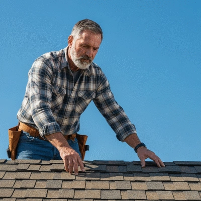 Professional roofer inspecting a residential roof with a clear blue sky background, no text, no words, no typography, clean image
