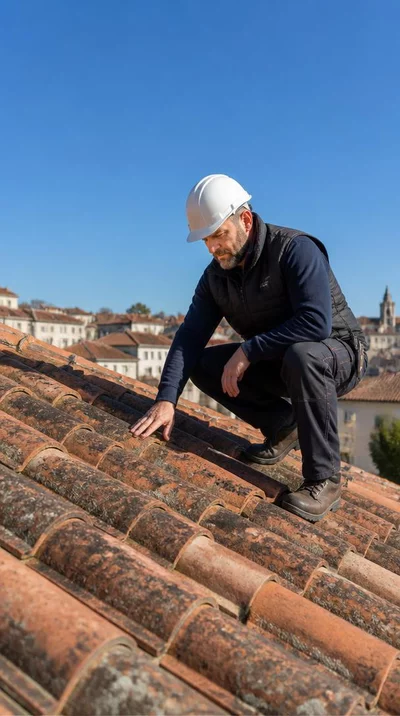 Professional roofer inspecting a residential roof in Angoulême