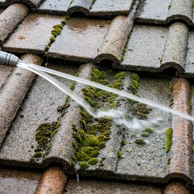 Close-up of moss and lichen on roof tiles being cleaned