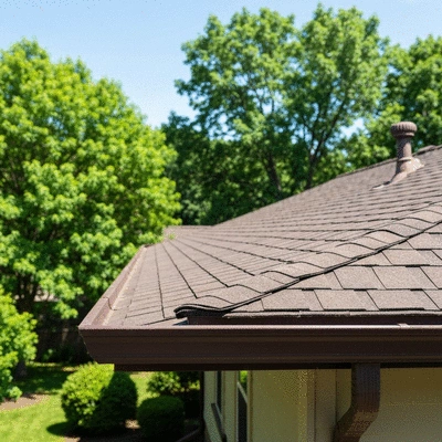 Clean gutters on a well-maintained roof, with green trees in the background