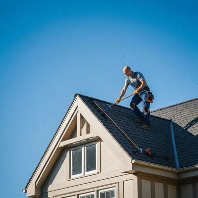 Expert inspectant la toiture d'une maison, mettant en évidence l'importance de l'entretien régulier
