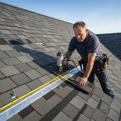 Couvreur travaillant sur un toit, vue du ciel, avec des outils professionnels et des mat&eacute;riaux de qualit&eacute;