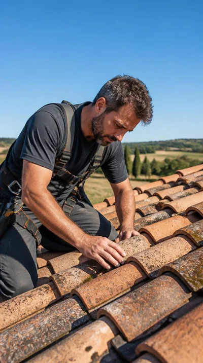 Professional roofer inspecting a residential roof in Charente, France, with a clear blue sky