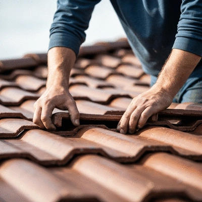 Close-up of a professional roofer's hands working on roof tiles, demonstrating attention to detail and craftsmanship