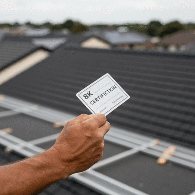 Close-up of a professional roofer's hand holding a certification badge, with a blurred roof in the background, no text, no words, no typography, clean image