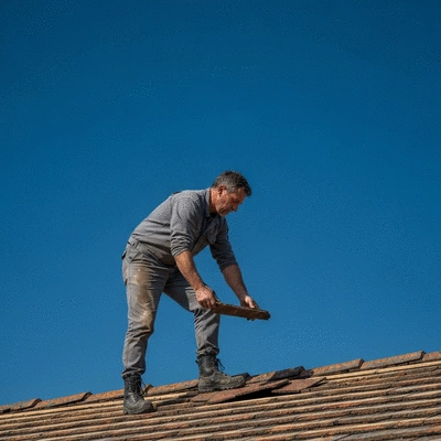 Professional roofer inspecting a damaged roof in Angoulême, France, with a blue sky background