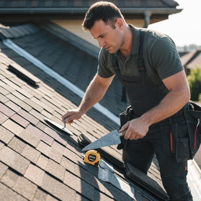 Couvreur zingueur inspectant une toiture avec des outils, lumière naturelle, no text, no words, no typography, clean image