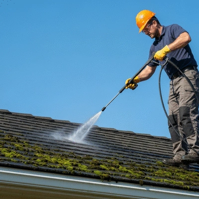 Professional using a high-pressure cleaner on a roof