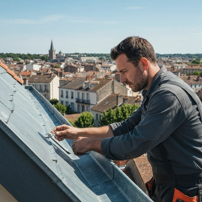 Professional inspecting roof and zinc gutters on a building in Angoulême