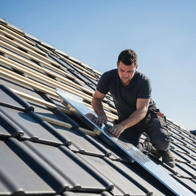 Professional roofer installing zinc flashing on a modern roof