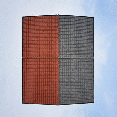 Vue aérienne d'un toit en tuiles rouges et un toit en ardoise grise côte à côte, sous un ciel légèrement nuageux, montrant les différences de texture et de couleur, no text, no words, no typography