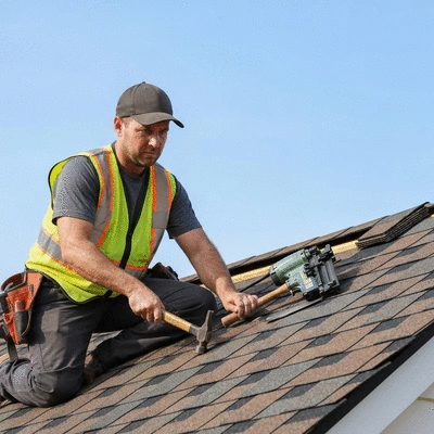 Professional roofer working on a roof with tools and safety gear, clear sky, no text, no words, no typography, no labels, clean image