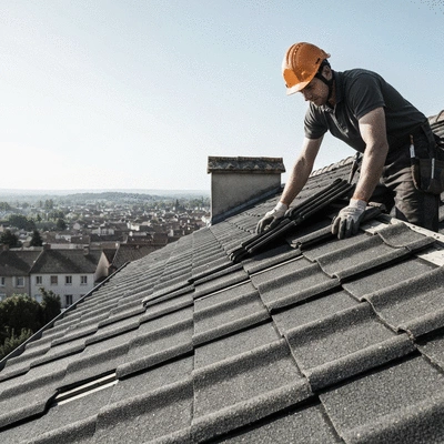 Artisan couvreur vérifiant les tuiles d'un toit avec vue sur Angoulême