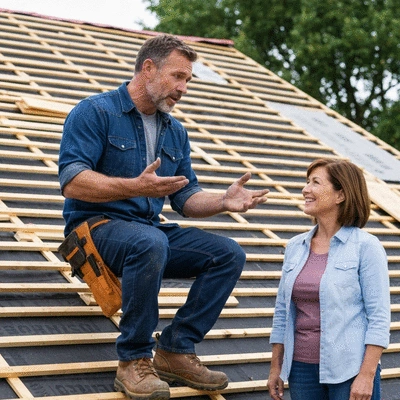 Artisan couvreur discutant avec un client devant une maison avec une toiture en rénovation