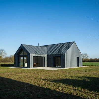 Modern house with a durable zinc roof, set against a clear sky in Angoulême, demonstrating architectural harmony and weather resistance, clean image, no text, no words, no typography
