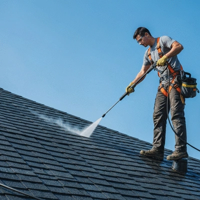 Professionnel nettoyant une toiture avec un équipement de sécurité