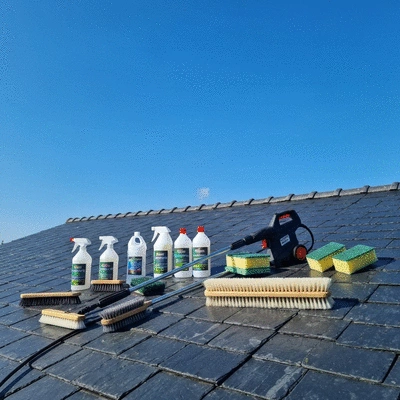 Roof cleaning products on a clean roof in Angoulême