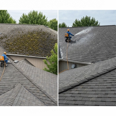 Professional cleaning a residential roof with specialized equipment, showing before and after sections, clean image, no text, no words, no typography