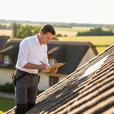 Expert inspecting a roof in Charente with a clipboard, showing attention to detail and quality assessment