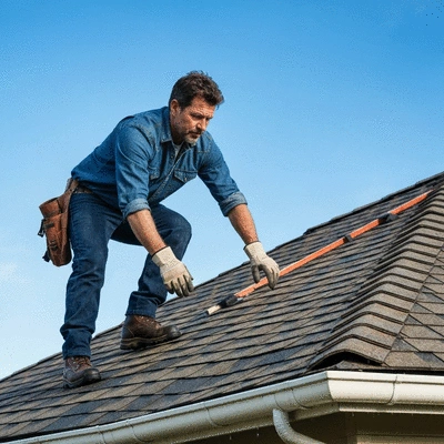 Professional roofer inspecting a residential roof, checking tiles and gutters