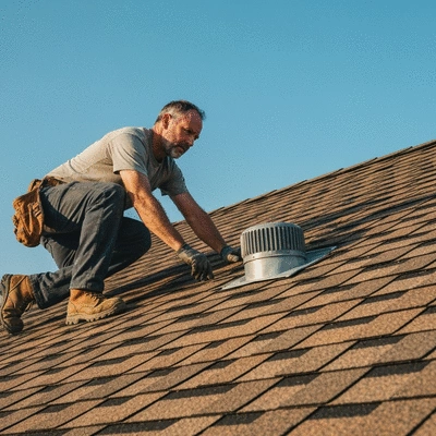 Professional roofer inspecting a residential roof for damage during a renovation project, clear sky, no text, no words, no typography, 8K
