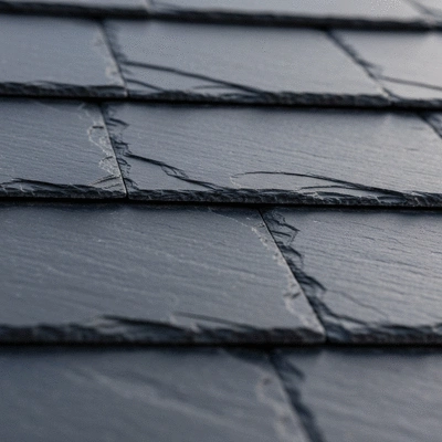 Close-up view of dark grey slate tiles on a roof, showing texture and durability