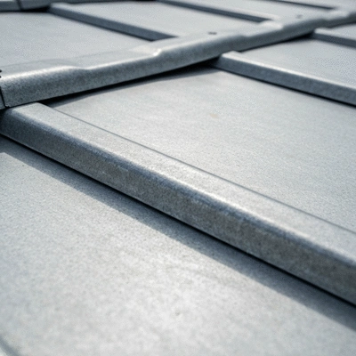 Gros plan sur des éléments de toiture en zinc, montrant sa texture et sa qualité, avec une légère patine