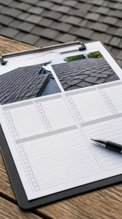 Detailed close-up of a roof inspection report with a pen and a clipboard
