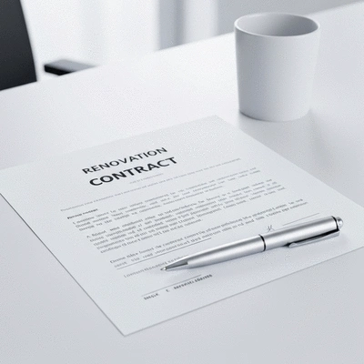 Close-up view of a detailed renovation contract and a pen on a clean desk, symbolizing important documentation, no text, no words, no typography, 8K