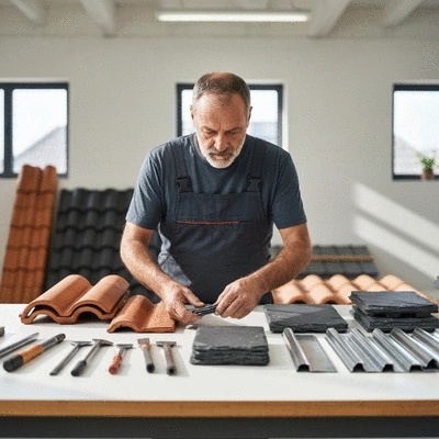 Professional roofer inspecting various roofing materials like tiles, slate, and zinc samples on a work table, clean image, no text, no words, no typography