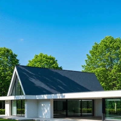 Modern house with a durable slate roof, surrounded by green nature, no text, no words, no typography, 8K