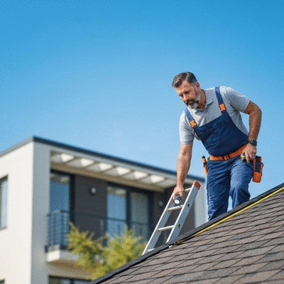Professional inspecting a roof for leaks and damage, blurred background of a house
