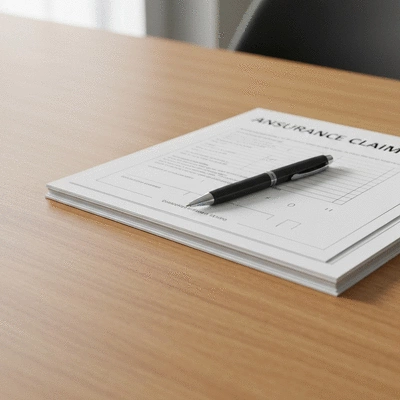 Documents and a pen on a desk, symbolizing administrative procedures after roof repairs